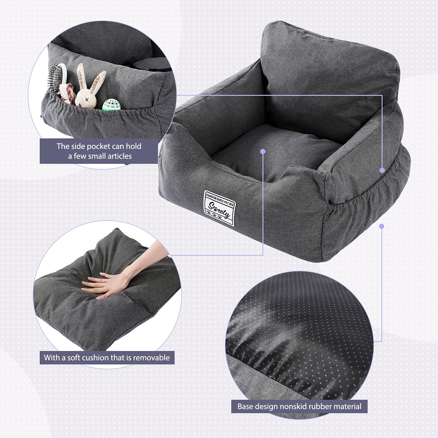 Assento de Carro para Cães – Banco Elevatório para Cães Pequenos, Destacável e Lavável, Cama de Viagem Antiderrapante – Cinzento