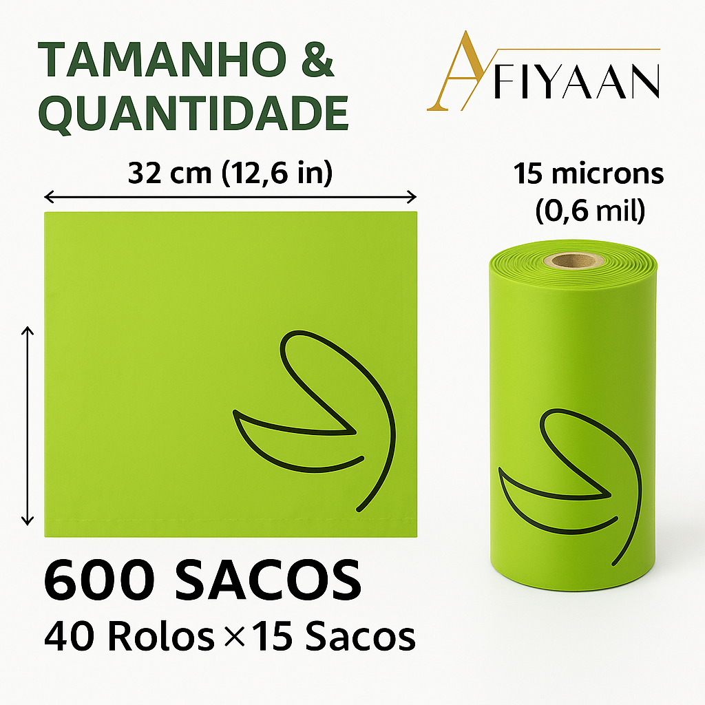 600 Sacos para Cocó, PET com Amido de Milho, Material de Polietileno + Amido de Milho, Sacos para Cocó Semibiodegradáveis – 31 x 23 cm – Verde (40 Rolos, 15 Sacos Cada)