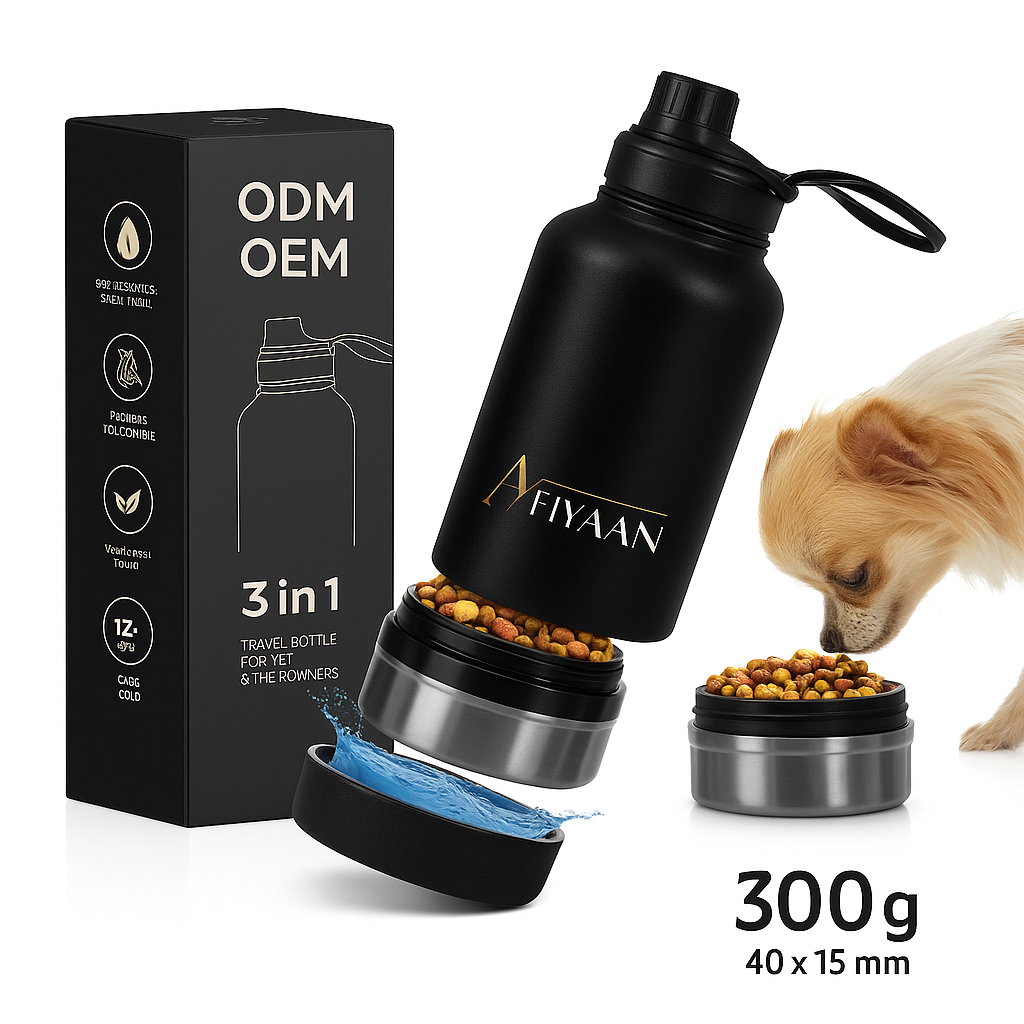 Garrafa de Água para Animais de Estimação 3 em 1 em Aço Inoxidável – Garrafa de Viagem para Alimentação de Água – Cantil de Viagem para Cães