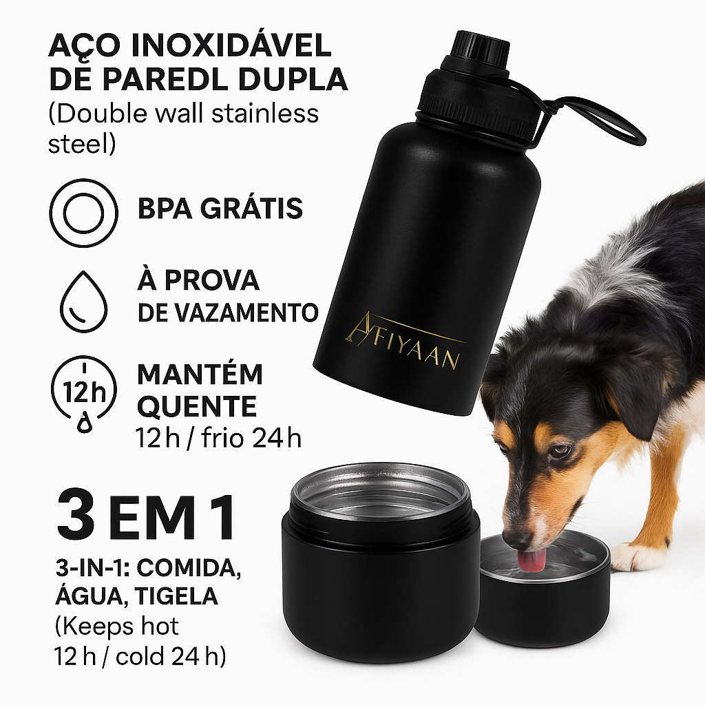 Garrafa de Água para Animais de Estimação 3 em 1 em Aço Inoxidável – Garrafa de Viagem para Alimentação de Água – Cantil de Viagem para Cães