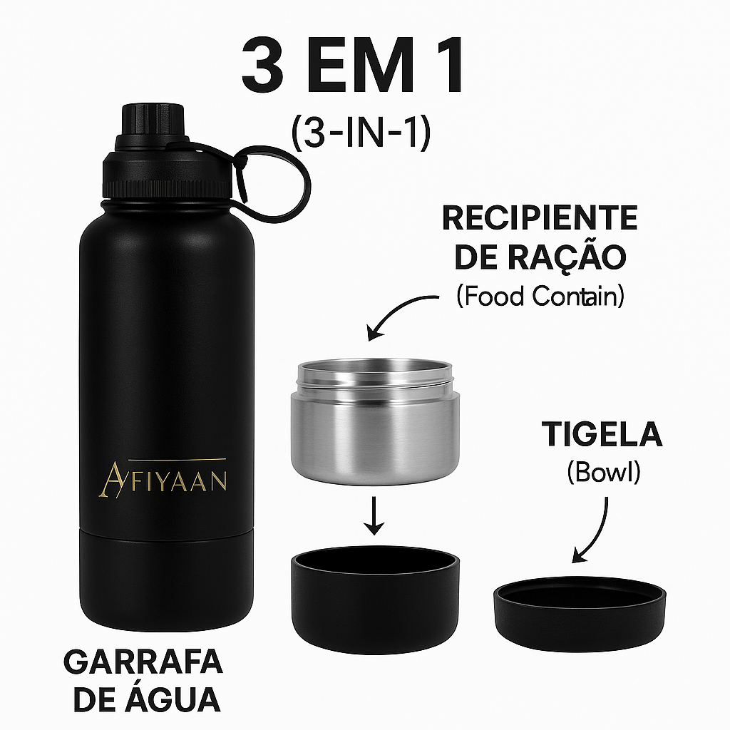 Garrafa de Água para Animais de Estimação 3 em 1 em Aço Inoxidável – Garrafa de Viagem para Alimentação de Água – Cantil de Viagem para Cães