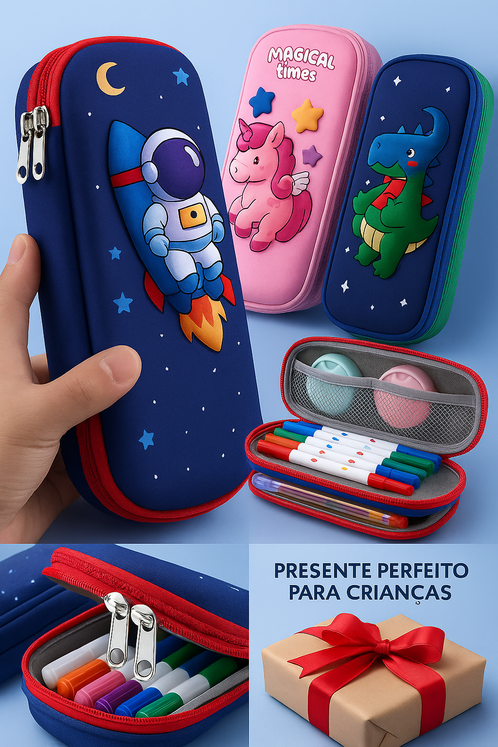 Estojo Escolar Infantil Afiyaan – Grande Capacidade com Duplo Zíper, Design 3D de Astronauta, Unicórnio e Dinossauro, Portátil e Resistente