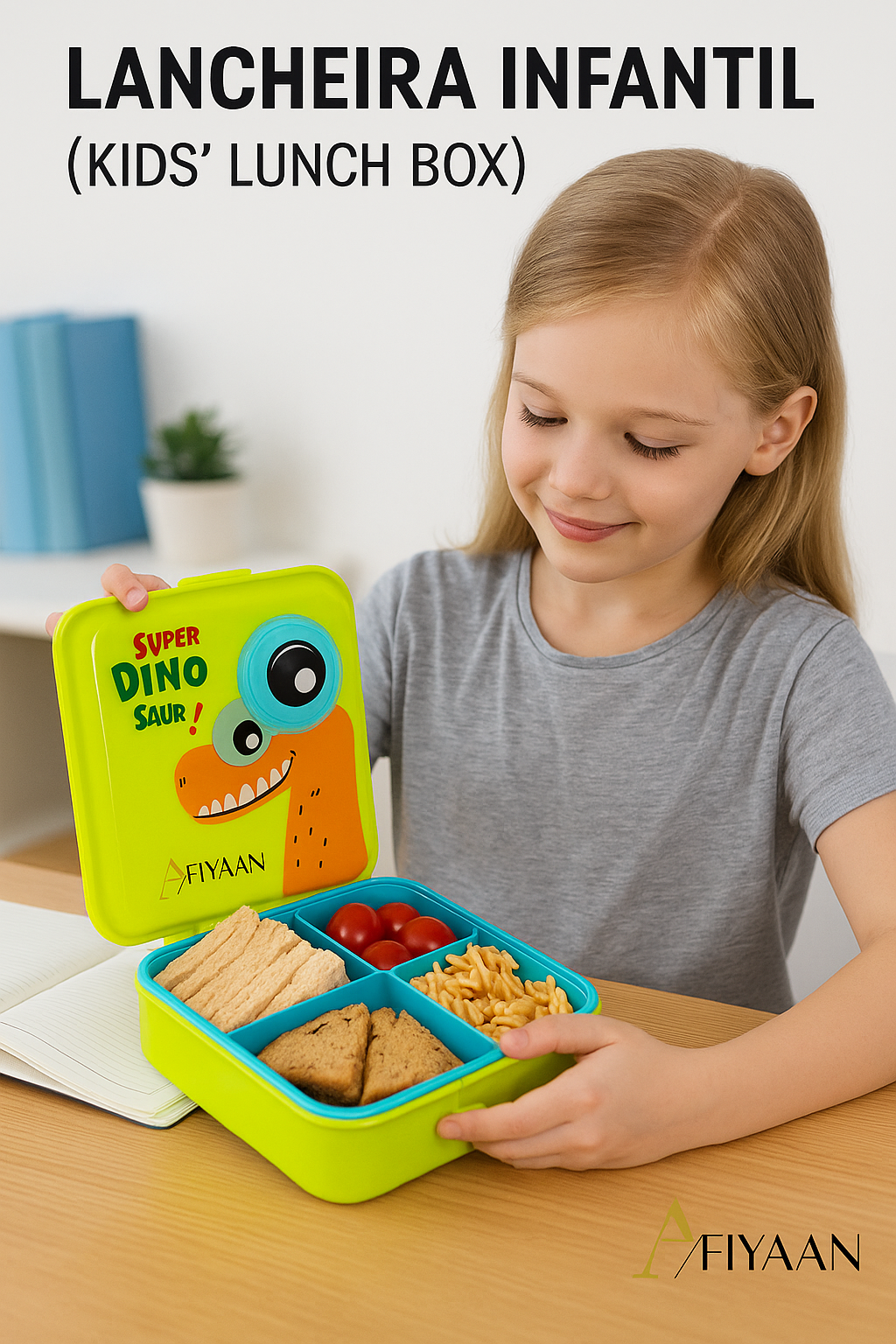 Lancheira Infantil Afiyaan – Caixa de Almoço com Design Divertido de Dinossauro, Portátil e Resistente