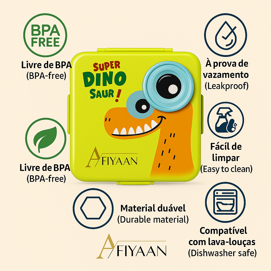 Lancheira Infantil Afiyaan – Caixa de Almoço com Design Divertido de Dinossauro, Portátil e Resistente