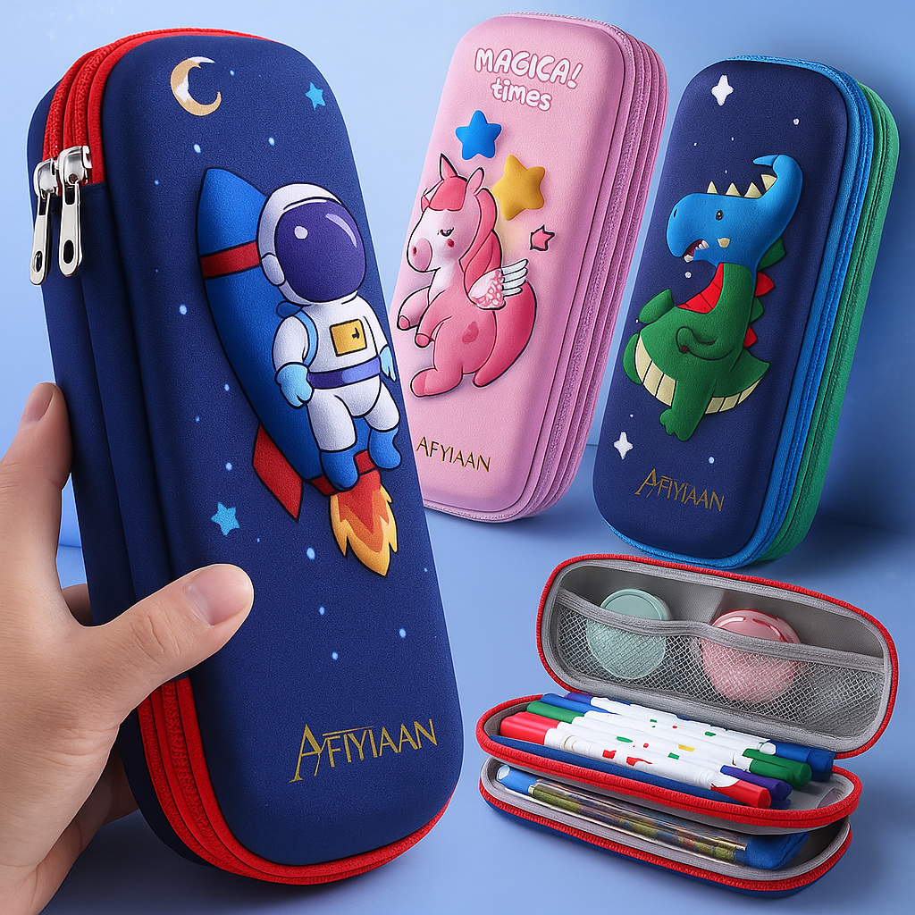 Estojo Escolar Infantil Afiyaan – Grande Capacidade com Duplo Zíper, Design 3D de Astronauta, Unicórnio e Dinossauro, Portátil e Resistente