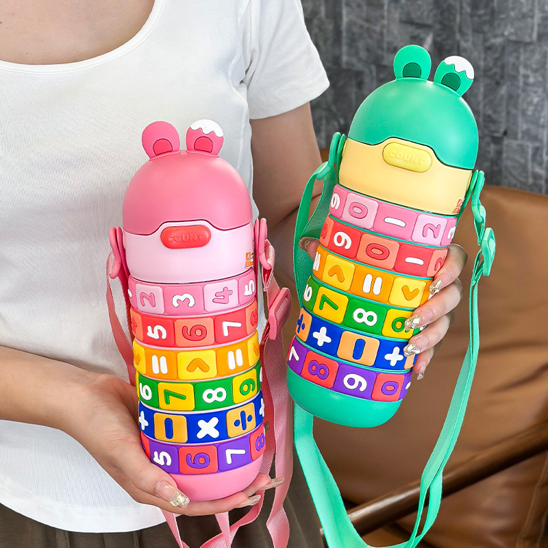 Garrafa Térmica Infantil 430ml – Garrafa de Água em Aço Inoxidável com Palhinha, Alça e Design de Coelhinho Fofo para Crianças/Estudantes