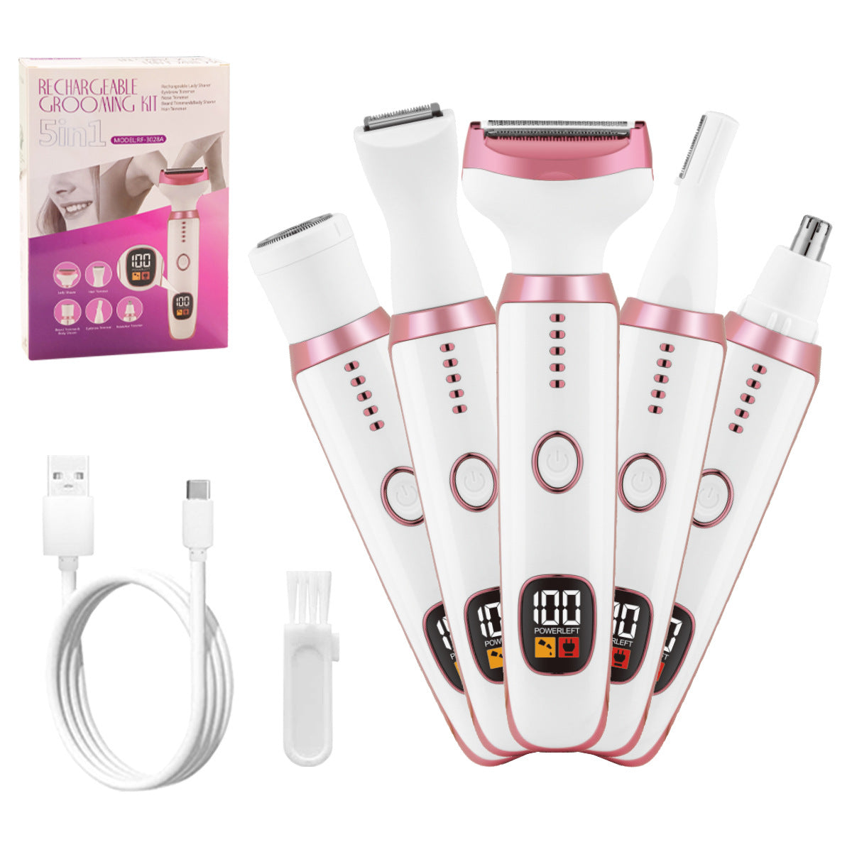 Kit de Depilação 5 em 1 – Depiladora Elétrica LED à Prova de Água, Lavável, para Corpo e Bikini Feminino