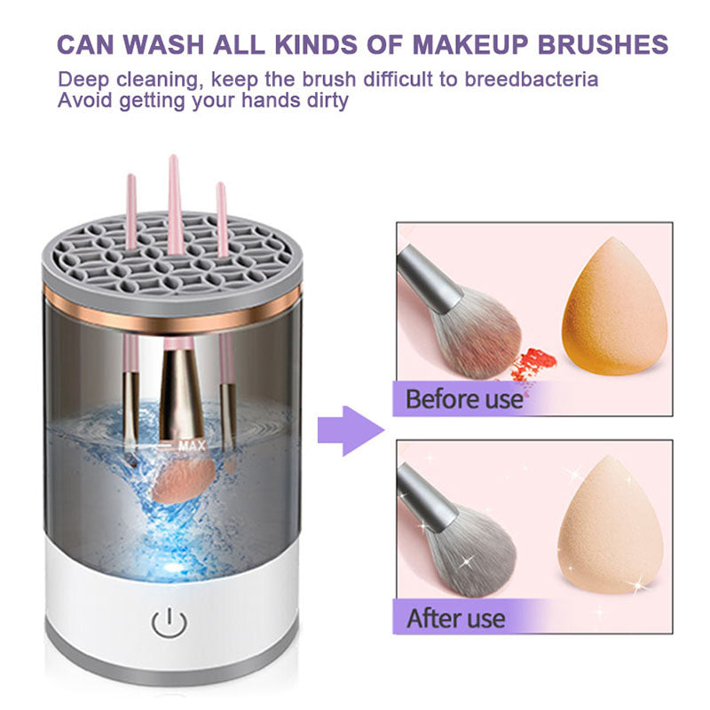 Máquina de Limpeza de Pincéis de Maquilhagem Elétrica 2 em 1 – Ferramenta Portátil para Limpar Pincéis de Beleza de Todos os Tamanhos com Suporte e Copo de Lavagem