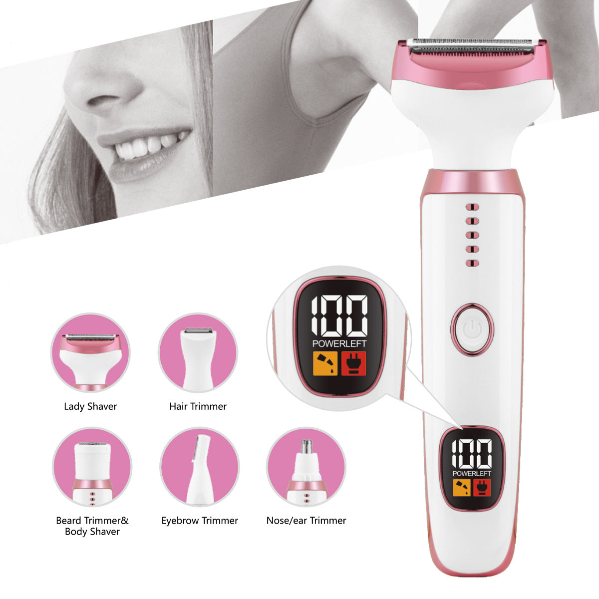 Kit de Depilação 5 em 1 – Depiladora Elétrica LED à Prova de Água, Lavável, para Corpo e Bikini Feminino