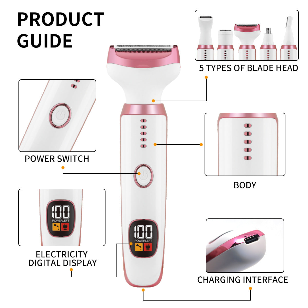Kit de Depilação 5 em 1 – Depiladora Elétrica LED à Prova de Água, Lavável, para Corpo e Bikini Feminino