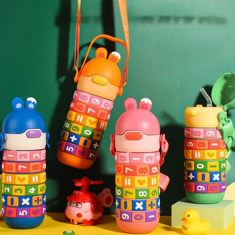 Garrafa Térmica Infantil 430ml – Garrafa de Água em Aço Inoxidável com Palhinha, Alça e Design de Coelhinho Fofo para Crianças/Estudantes