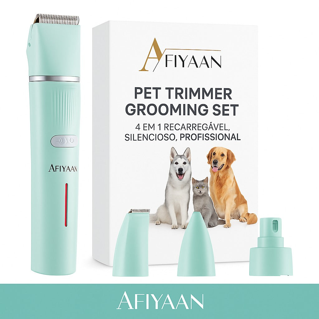 Kit de Higiene 4 em 1 para Animais de Estimação à Prova de Água Recarregável – Aparador Elétrico para Garras, Orelhas e Corpo + Lixadeira de Unhas e Máquina de Tosquiar para Cães